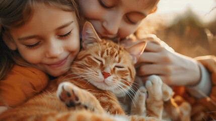 Adorable child hugging and playing with friendly orange fluffy fur cat closely with smiling, shows the love and bond between people and animal. - obrazy, fototapety, plakaty