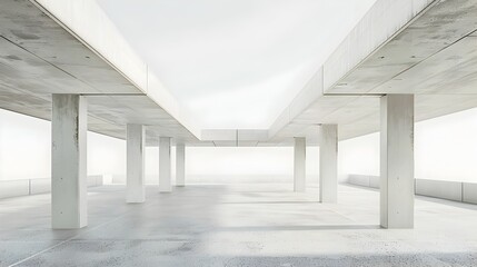 Minimalist White Architectural Building with Expansive Concrete Interior Space Providing Ample Copy Space for Mock-up or Showroom