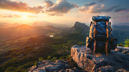 Adventure-ready with a backpack on mountain summit at sunrise - obrazy, fototapety, plakaty