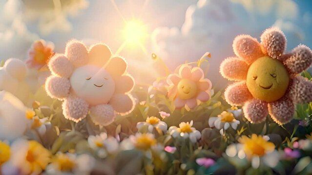 3d Animation cartoon happy spring flowers smiling. Animated background colorful spring flowers. Colorful summer garden with sunlight shining. 4k video