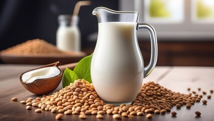 Vegan nut milk in a bottle or carafe on a dark background, alternative milk,