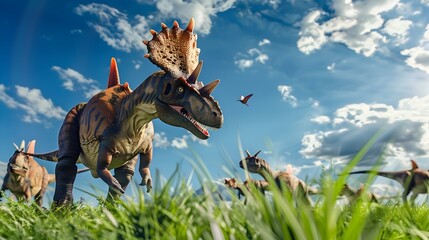 Prehistoric Dinosaurs Roaming Lush Triassic Period Landscape with Verdant Grass and Cloudy Blue Sky
