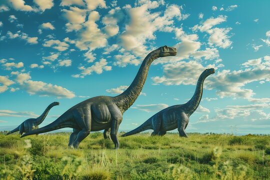 Prehistoric Dinosaurs Roaming in Lush Triassic Landscape Under Dramatic Cloudy Sky