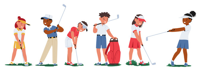 Children Characters With Focused Expressions, Swing Their Clubs Gently, On A Miniature Golf Course, Vector Illustration