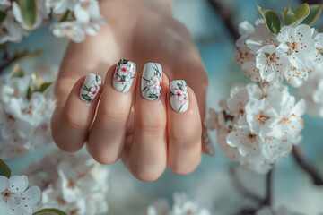 Floral Nail Art on Hand with Spring Blossom Background. Elegant Springtime Manicure with Cherry Blossom Motif