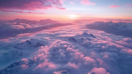 Landscape of a pink and violet sky with sunset clouds, Fantastic orange evening landscape glowing by sunlight. Dramatic wintry scene with snowy trees. Carpathians, Ukraine, Europe, AI Generated  - obrazy, fototapety, plakaty