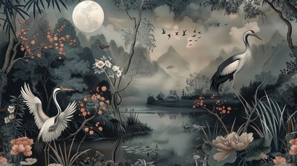 Chinoiseries style wallpaper with flower and crane bird in dark color theme. Landscape wall art