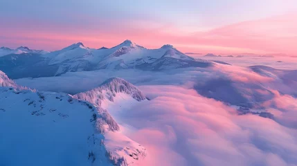 Fotobehang Landscape of a pink and violet sky with sunset clouds, Fantastic orange evening landscape glowing by sunlight. Dramatic wintry scene with snowy trees. Carpathians, Ukraine, Europe, AI Generated  © Hamid