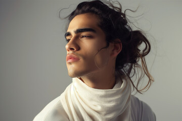 Close-up portrait of a beautiful young androgynous person with long brown hair and a white sweater - copy space, isolated, gray background - Powered by Adobe