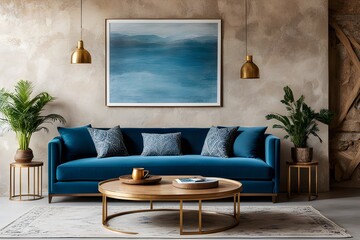 curved sofa with blue cushions and round rustic wood coffee table against stucco wall with poster. interior design of modern living room