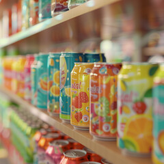Colorful beverage cans lined up on store shelves.
