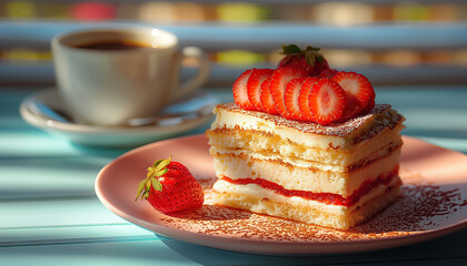 Strawberry Topped Cake with a Cup of Coffee, tiramissu