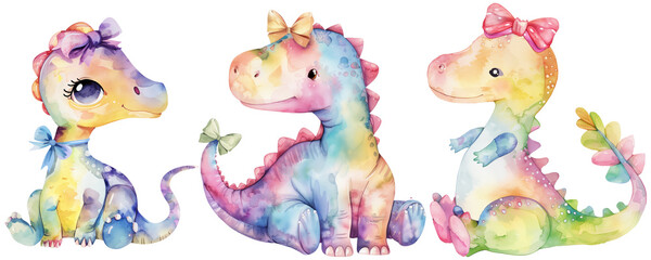Naklejka premium Trio of whimsical watercolor dinosaurs with bows isolated on transparent background 