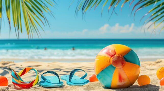 A vibrant beach scene featuring flip-flops, a colorful beach ball