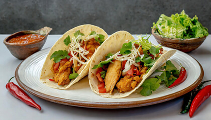 Two delicious chicken tacos filled with crispy fried chicken, fresh lettuce 
