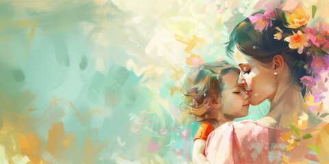 Illustration of mother with her little child, flower in the background. Concept of mothers day, mothers love.