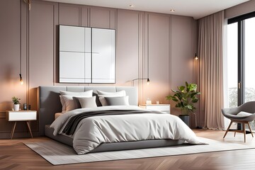 Fototapeta na wymiar luxury studio apartment with a free layout in a loft style in dark colors. Stylish modern, cozy bedroom area with fireplace.