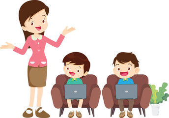 happy teacher and student learning computer