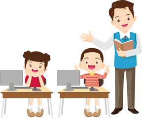 happy teacher and student learning computer