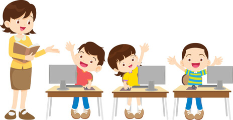 happy teacher and student learning computer