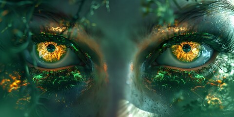 Woman's green eyes in the dark. Fire. Piercing eyes. Burning demonic eyes. Fiery Mysterious. Magic, secrecy, mysticism, visual effect. Hypn - obrazy, fototapety, plakaty