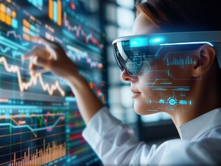 A woman wearing a pair of virtual reality goggles is looking at a computer screen with a lot of graphs and numbers. Concept of technology and innovation - obrazy, fototapety, plakaty