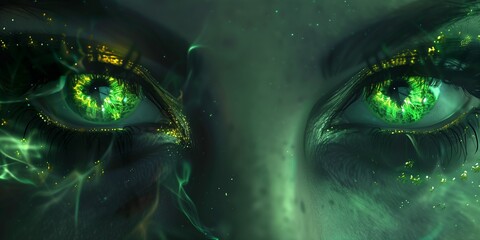 Woman's green eyes in the dark. Fire. Piercing eyes. Burning demonic eyes. Fiery Mysterious. Magic, secrecy, mysticism, visual effect. Hypn - obrazy, fototapety, plakaty