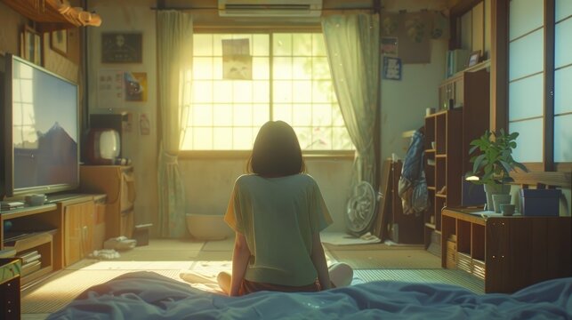 A young Asian girl finds joy in staying at home and embracing the concept of staying home.