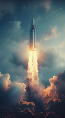 Businessman-controlled rocket is launching and soaring from hand into the sky for growing business, fast business success, and startup business concept.