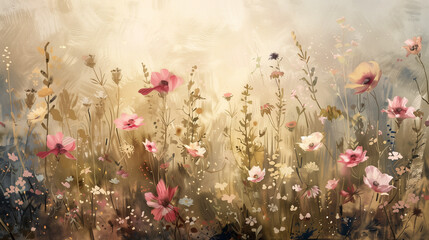 Painted landscape of wild flowers on sunny day light bokeh background