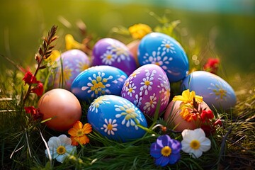 Easter eggs decorated with flowers in the grass - generative ai