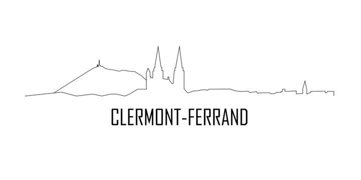 Silhouette de la ville de Clermont-Ferrand avec la cath&eacute;drale et le Puy de D&ocirc;me. Noir & blanc. Texte Clermont-Ferrand. Contour ligne noire