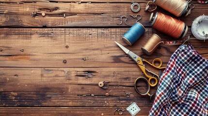 sewing accessories elegantly arranged on a wooden background - obrazy, fototapety, plakaty