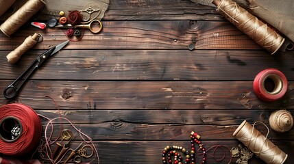 sewing accessories elegantly arranged on a wooden background - obrazy, fototapety, plakaty