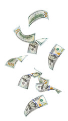 Falling American dollars, isolated on white background, full depth of field