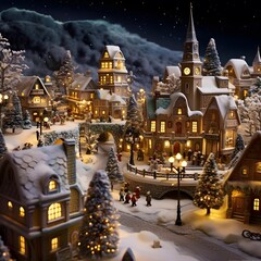 Christmas village in a snowy winter night. Christmas and New Year concept.