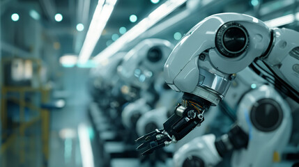 Brazos robóticos en línea de montaje industrial - obrazy, fototapety, plakaty