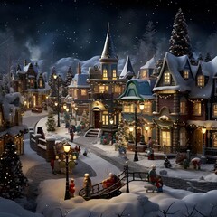 3d illustration of a small town in the snow. Christmas background