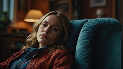 Obraz premium woman sitting on the sofa at home, close-up