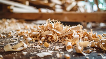 Fototapeta na wymiar A detailed close-up of wood shavings scattered on a carpenter's workbench