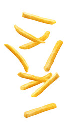 Falling french fries, potato fry isolated on white background, full depth of field - obrazy, fototapety, plakaty