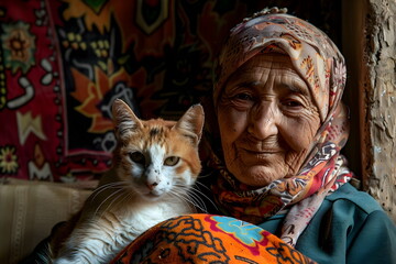 closeup of old woman hug cat at home