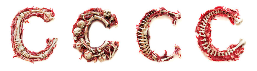 Letter C Horror alphabet and number concept. Halloween isolated text. Creepy meat with bones, flesh and skin. Anatomy alphabet and numbers set. Isolated white background. Bloody rotten meat