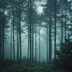 Fototapeta na wymiar Foggy Forest with Distinct Tree Silhouettes