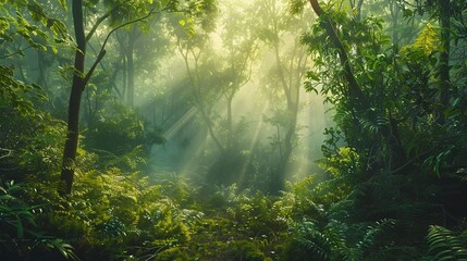 A dense, misty forest at dawn, the first rays of sunlight piercing through the fog and the canopy above, illuminating the forest floor and revealing the rich, moist earth and the lush greenery