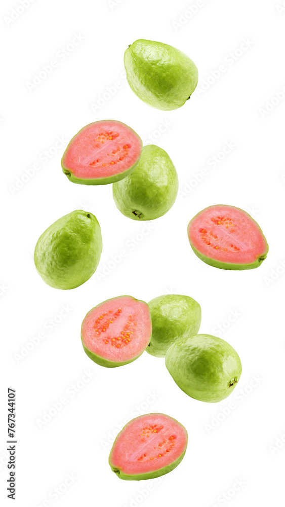Wall mural falling guava isolated on white background, full depth of field