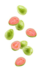 Falling guava isolated on white background, full depth of field - obrazy, fototapety, plakaty