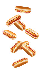 Falling HOT DOG isolated on white background, full depth of field