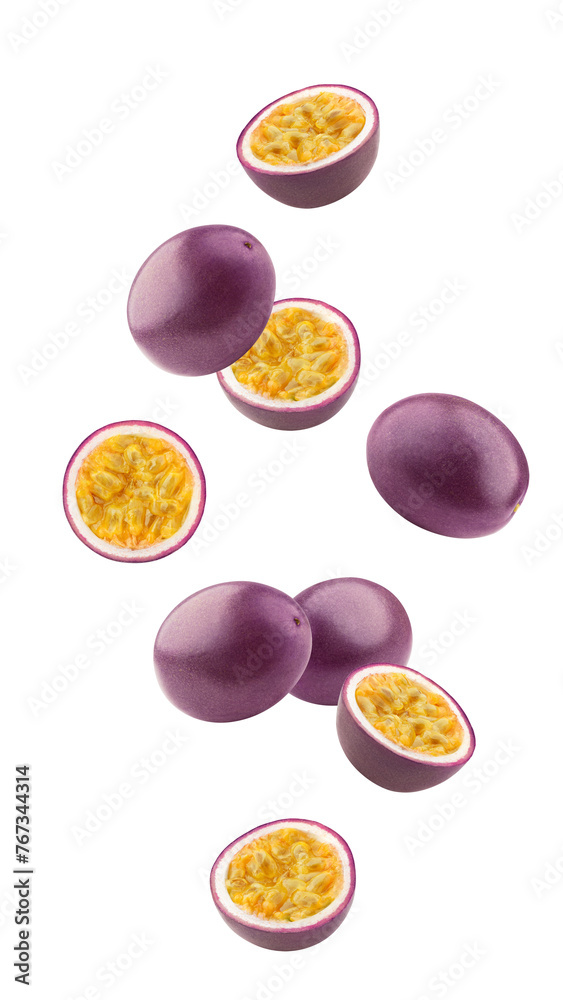 Poster falling passionfruit isolated on white background, full depth of field