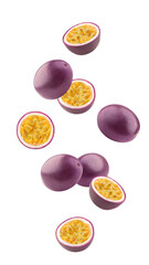 Falling passionfruit isolated on white background, full depth of field